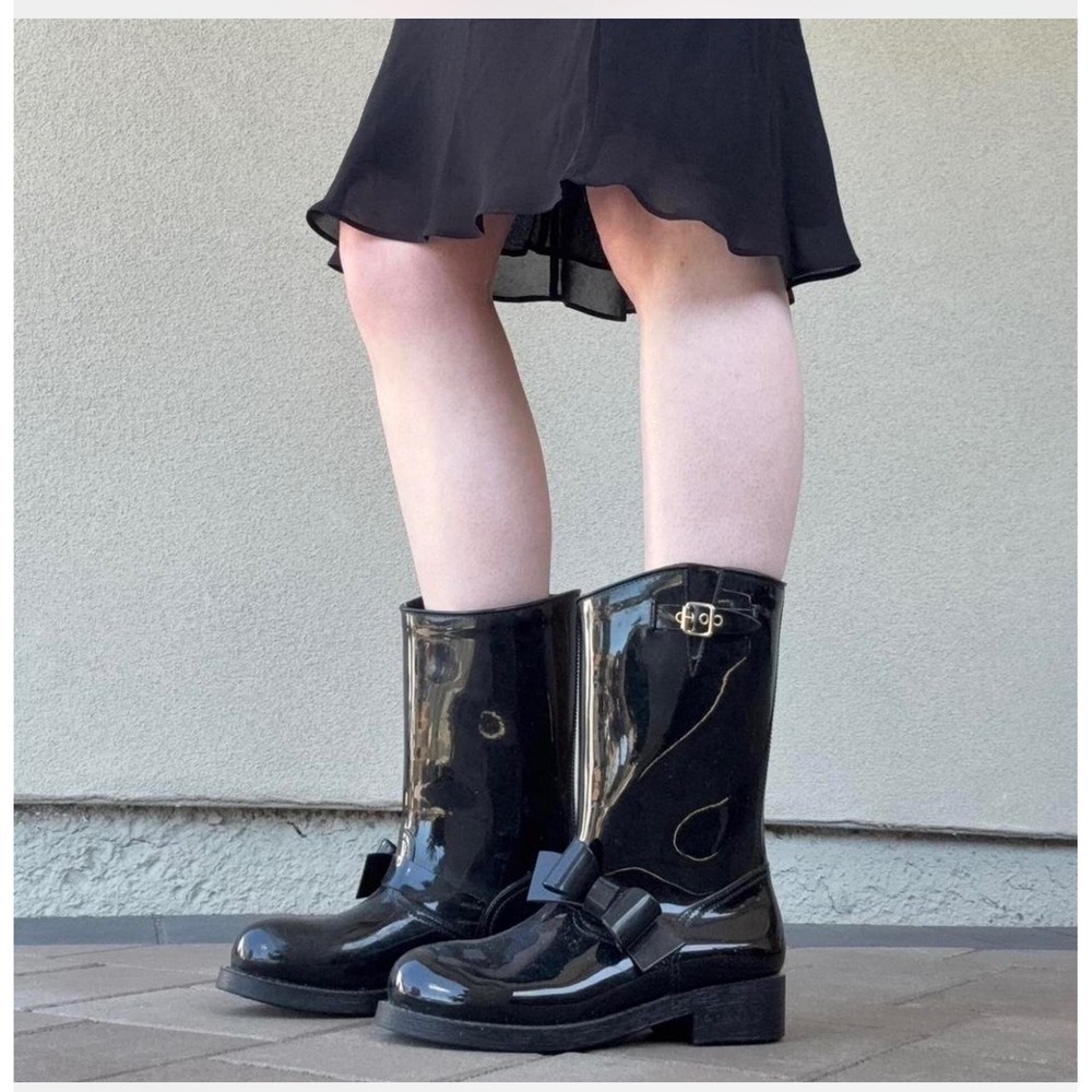 RED Valentino Black Patent Bow Rain Boots Mid Calf Buckle EU 37